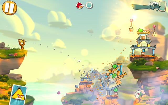 Like the original Angry Birds, players use a slingshot to launch birds at nearby structures; a key difference in Angry Birds 2 is the ability to select birds of desired choice from a deck. This can give the player more freedom by allowing the creation of their own unique strategies. The main enemies of the game are green-colored pigs of varying sizes and abilities to defend, who can be defeated by hitting them with birds or objects.

Individual birds and spells are represented on cards. Tapping on a card will select it, placing its contents on the slingshot for launching. Players increase their score by destroying objects and pigs and leveled up birds multiply the score. Birds can be leveled up by gaining feathers of the respective birds. The "Destruct-o-meter" fills up during play and if it gets full, a random card will be given to the player. Only three cards can be displayed at a time; the rest appear in the deck. The player begins with five lives and loses one if all cards have been used and at least one pig remains undefeated; once all five lives have been lost, the player must use gems, watch an advertisement or wait (30 minutes for each of the five lives) until the lives are refilled.[3]
(from Wikipedia)