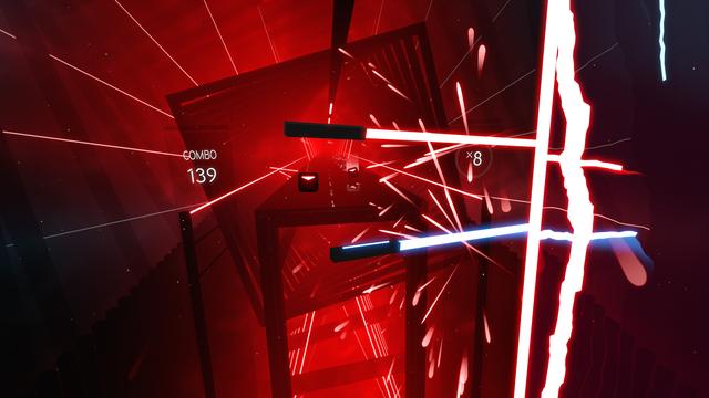Beat Saber is a 2018 virtual reality rhythm game in which the player slashes blocks representing musical beats with a pair of energy blades resembling lightsabers from the Star Wars universe.
The game includes several songs with up to five levels of difficulty. In each song, the game presents the player with a stream of approaching blocks in sync with the song's beats and notes. The player uses VR motion controllers to wield a pair of lightsabers that are used to slash the blocks. Each block is colored red or blue to indicate whether the red or blue saber should be used to slash it (red for left and blue for right), and may be marked with an arrow for one of eight possible directions to slash through the block. There are also blocks with dots instead of arrows, which players may hit in any direction. When a block is slashed by a saber, it is destroyed and a score is awarded, based on the length and angles of the swing and the accuracy of the cut. In addition, there are occasionally mines that the player should not hit, and obstacles in the form of oncoming walls that the player's head should avoid.
In its early access version, the game includes a single player mode as well as a party mode which features a leaderboard generated based on names entered after each song played.
(from Wikipedia)