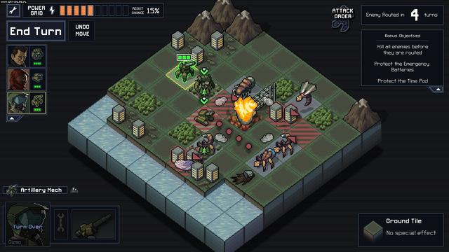 Into the Breach is set in the far future where humanity fights against an army of giant monsters collectively called the Vek. To combat them, the player controls soldiers that operate giant mechs that can be equipped with a variety of weapons, armor, and other equipment. The game uses a turn-based combat system, allowing the player to coordinate the actions of their team in response to enemy moves and actions that serve to telegraph their attacks. (from Wikipedia)
