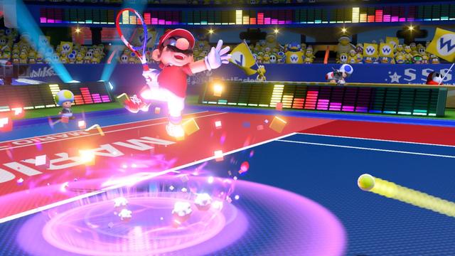 The gameplay of Mario Tennis Aces consists of playing matches of tennis with various characters from the Super Mario series. Similar in fashion to previous installments of the series, Aces incorporates many techniques, such as "topspins", where the ball travels parallel to the direction hit, "slices", where the ball curves to one side when hit, and "lobs", where the ball travels upwards. Aces adds several new mechanics to the Mario Tennis series. Using the motion controls of the Joy-Con, the player is able to initiate a "zone shot", where the player can aim directly where the ball will go while the game enters a paused state. If the opponent counters the zone shot, their racket will take damage. When a racket is hit with a zone shot three times, it will break, forcing the player to forfeit the match if it is their last one. Players have multiple rackets to use each match. However, players are able to counter a zone shot without taking damage using a "block", which can be performed by hitting the ball with perfect timing. Another new addition in Aces is "zone speed". When a player activates zone speed, the match goes into slow-motion, but their character moves at normal speed, making it so faraway shots are easier to reach. The zone shot and zone speed moves use up part of the players' energy gauge, which is filled and depleted throughout the match. To refill the gauge, the player must keep a rally going with the opponent or use the trick shot ability. (from Wikipedia)