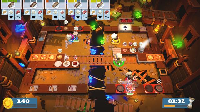 In the cooking simulator game Overcooked 2, teams of up to four players cooperatively prepare and cook orders in absurd restaurants. Players chop and cook ingredients, combine them on plates, and serve dishes via a conveyor belt. Between coordinating short orders and bumping into each other's characters, the game tends to overwhelm. The sequel builds atop the original game, which was released in 2016, with new interactive levels, restaurant themes, chef costumes, and recipes. Some levels have moving floors and other obstacles that complicate the cooking process, including portals, moving walkways, and impassable fires. Other levels transition between settings and recipes, such as one that begins with preparing salads in a hot air balloon and ends crashlanded in a sushi kitchen. The sequel introduces ingredient tossing, such that players can throw items to another chef or pot from far away, and online multiplayer, in which teams can connect either across a local wireless network or through online matchmaking. (from Wikipedia)